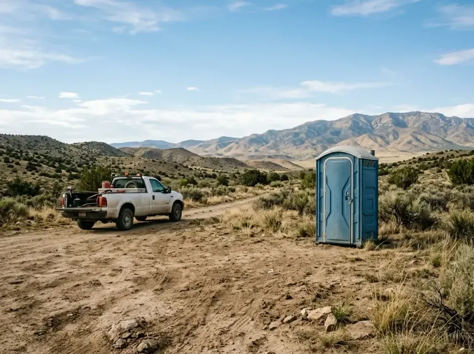 Portable Toilet — Remote Location — Portable Toilet, Pickup Truck, Dirt Road, Remote Location, Event Porta Potty Rental in P…
