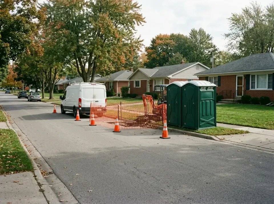 Portable Toilet — Residential Street — Portable Toilet, Porta Potty, Work Van, Residential Street, Event Porta Potty Rental…